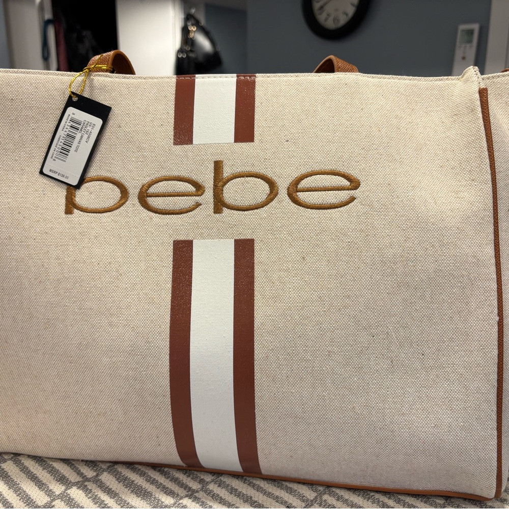 bebe Tan and Brown Canvas Tote